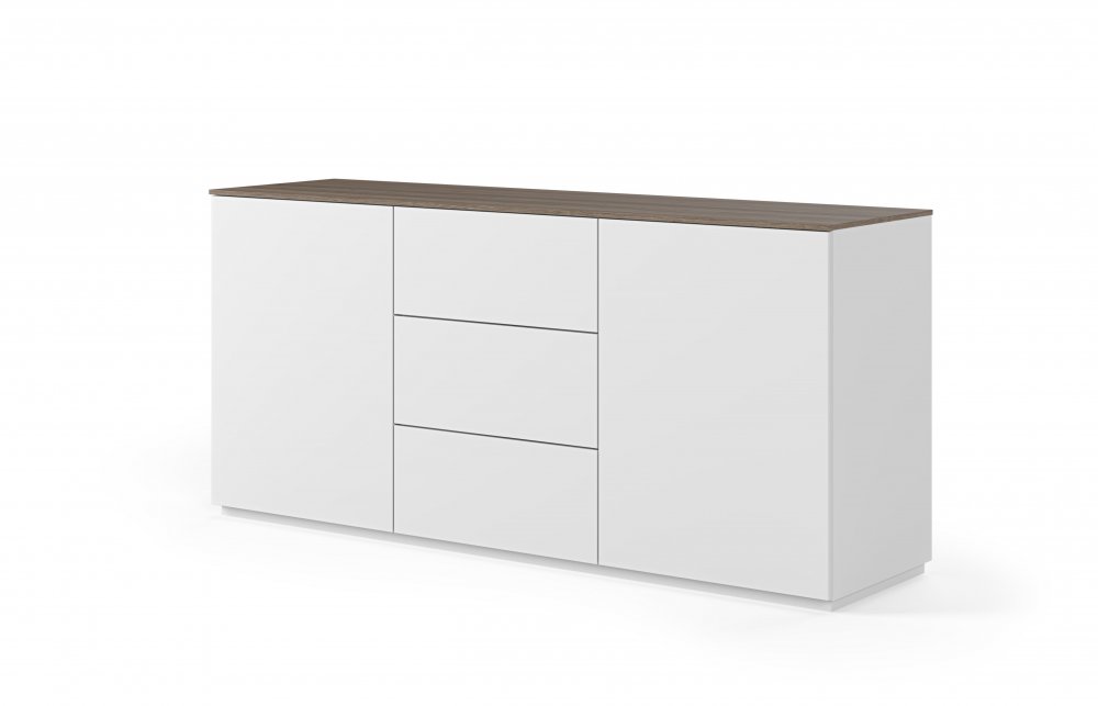 Buffet WHITY 2 blanc mat 180cm 2 portes/3 tiroirs Plateau en bois noyer
